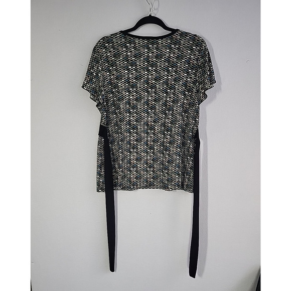 Vintage 90s Babydoll Top Black Green Geometric Flutter Short Sleeve Bow Boho USA - Picture 8 of 15